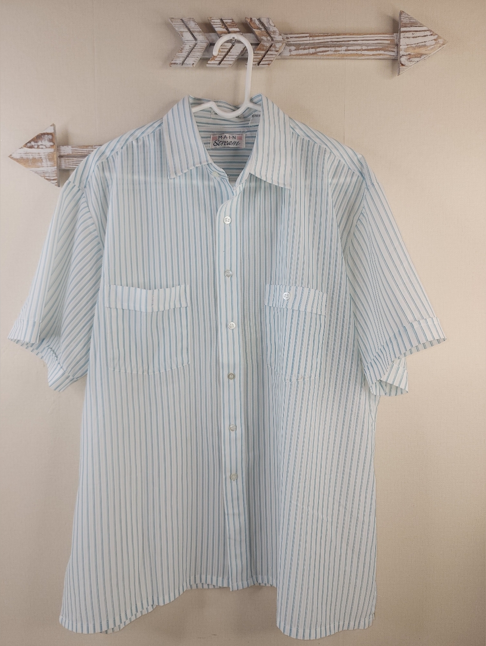 Men's XLarge Vintage Main Stream Blue Stripe Dress Shirt